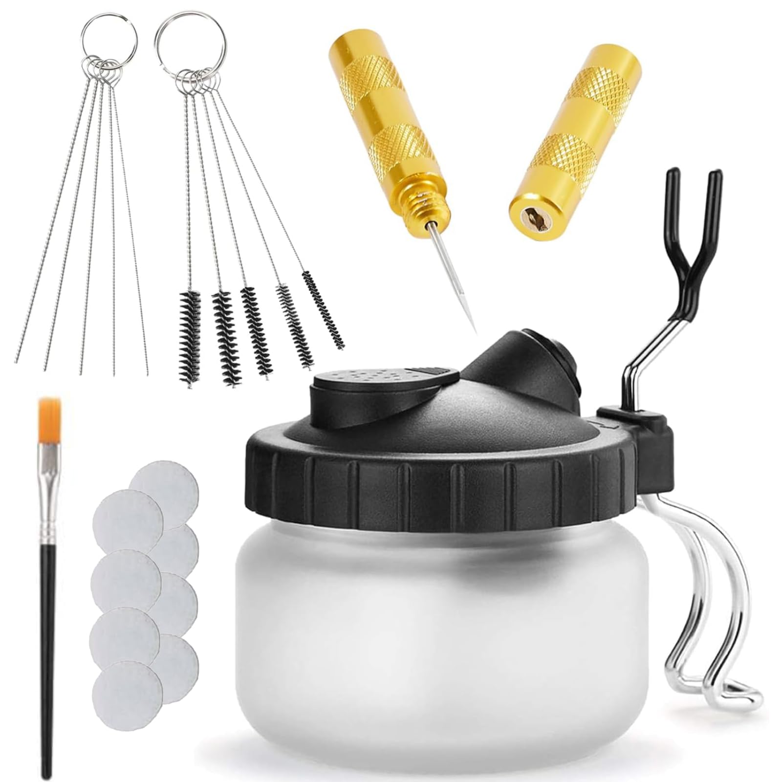 VOBOR 23 Piezas Kit de Limpieza de Aerógrafo, Bote con Soporte 5 Cepillos 5 Agujas 1 Aguja de Lavado 10 Filtro de Algodón 1 Pincel Fino, para Eliminar Pintura de Airbrush
