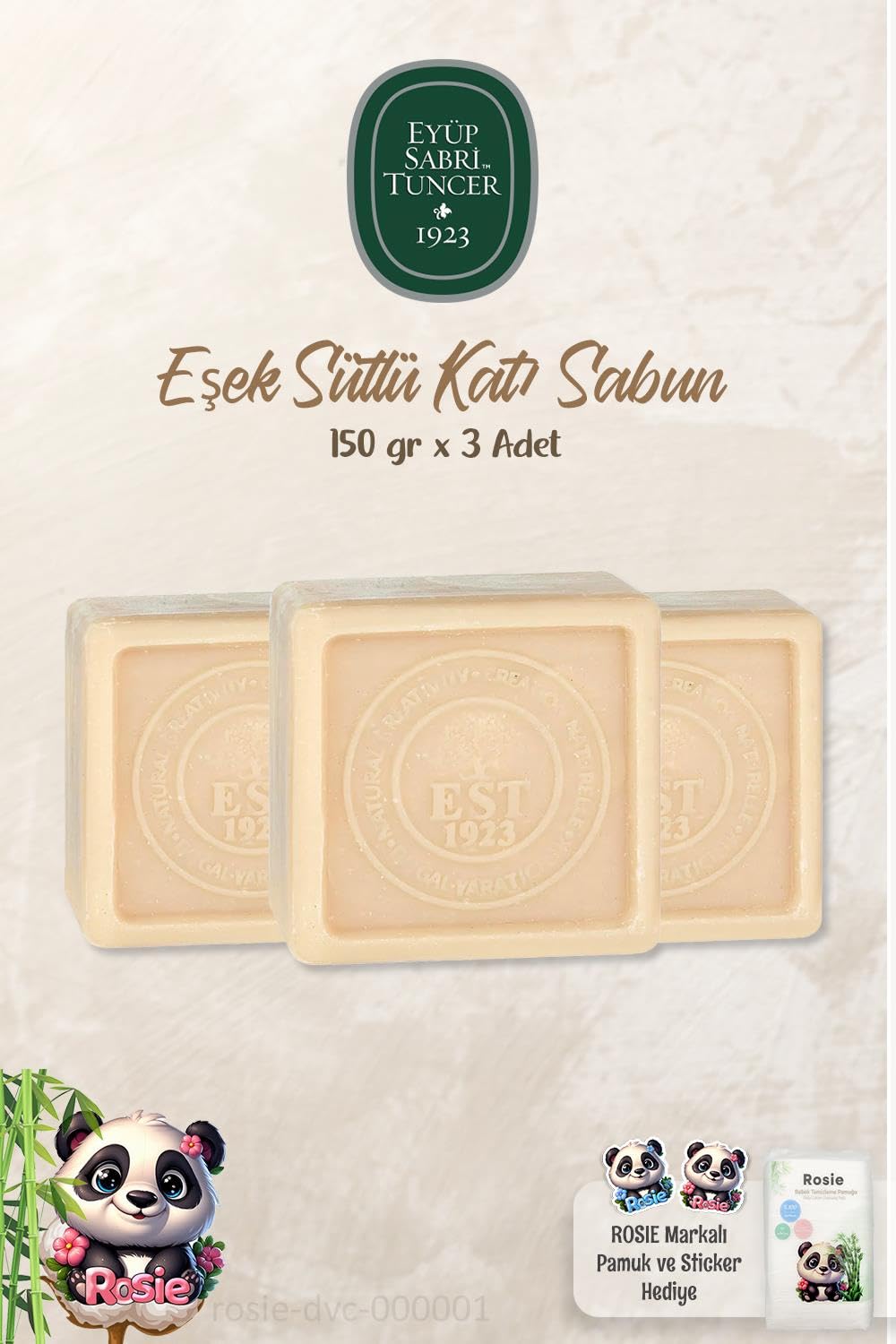 3 Adet Eyüp Sabri Tuncer Eşek Sütlü Katı Sabun 150 gr ve%100 Doğal ROSIE Pamuk