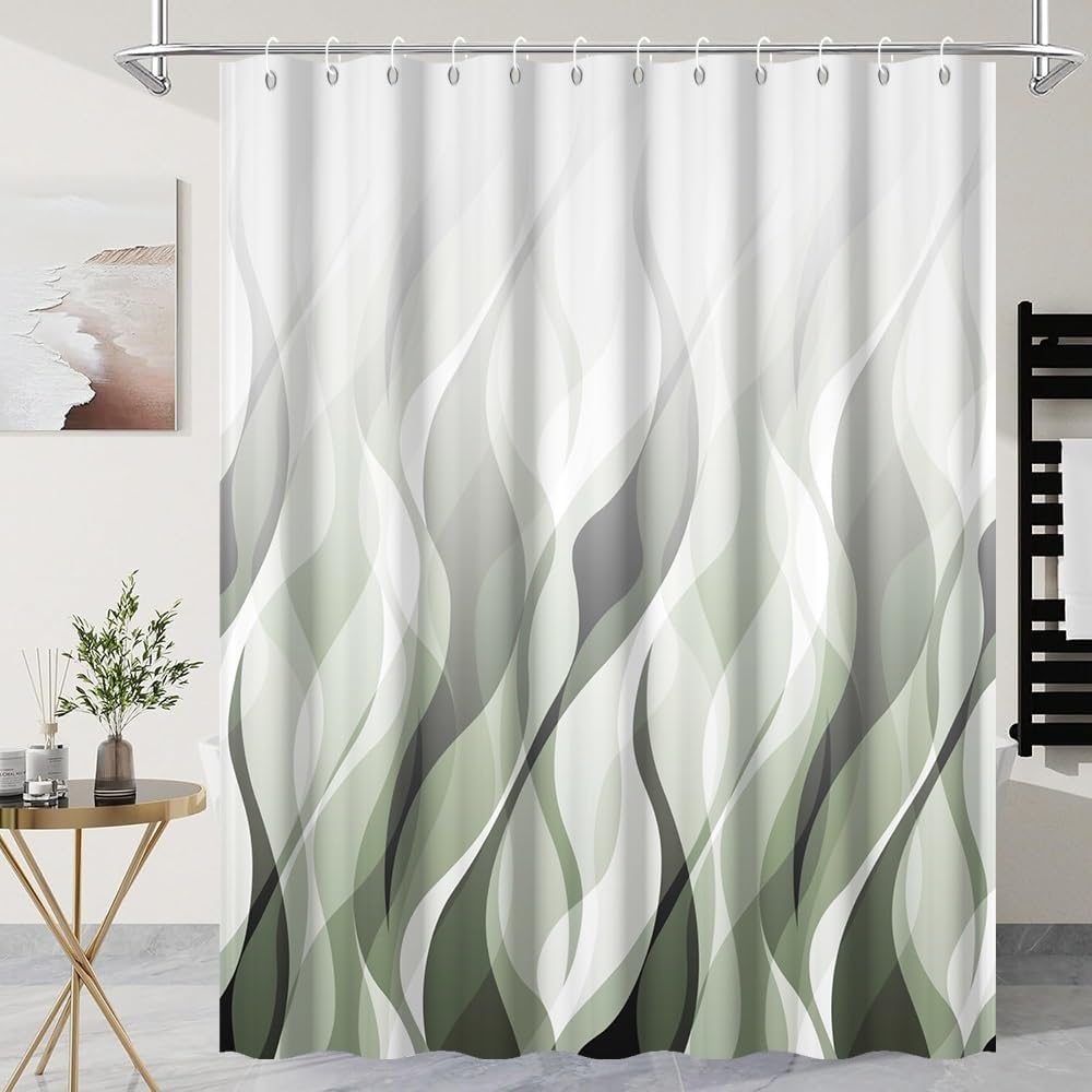 UIYIUI Green Shower Curtain 59x79in/150x200/WxH Abstract Ombre Green Black White Wave Striped Geometric Shower Curtain for Bathroom Decor, Modern Minimalist Waterproof Bath Curtains with Hooks