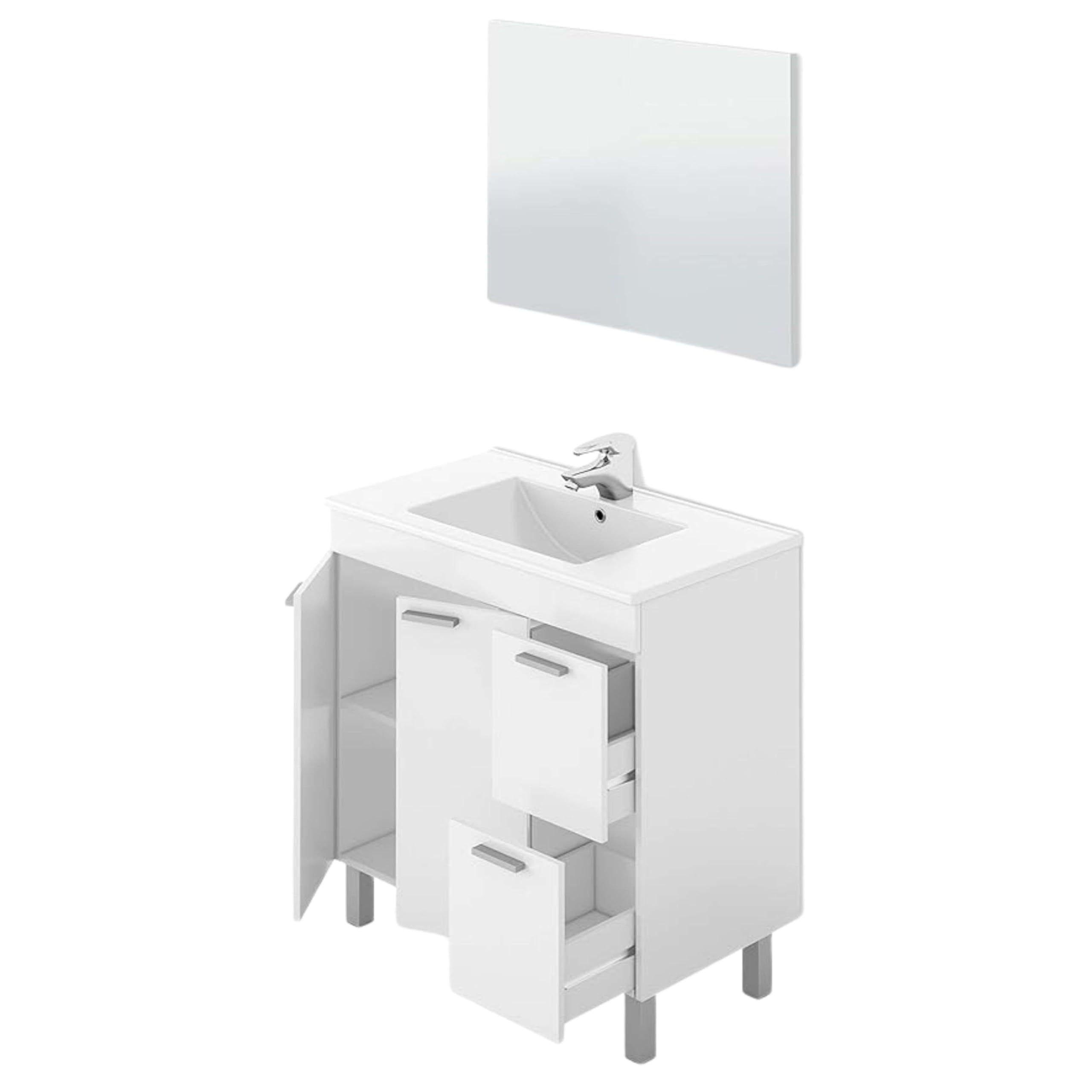 ARKITMOBEL Mueble de Baño con 2 Puertas 2 Cajones y Espejo, Módulo Baño, Color Blanco Brillo, Medidas: 80 x 80 x 45 (Alto x Ancho x Fondo, en centímetros), Modelo Aktiva (Lavabo no Incluido)