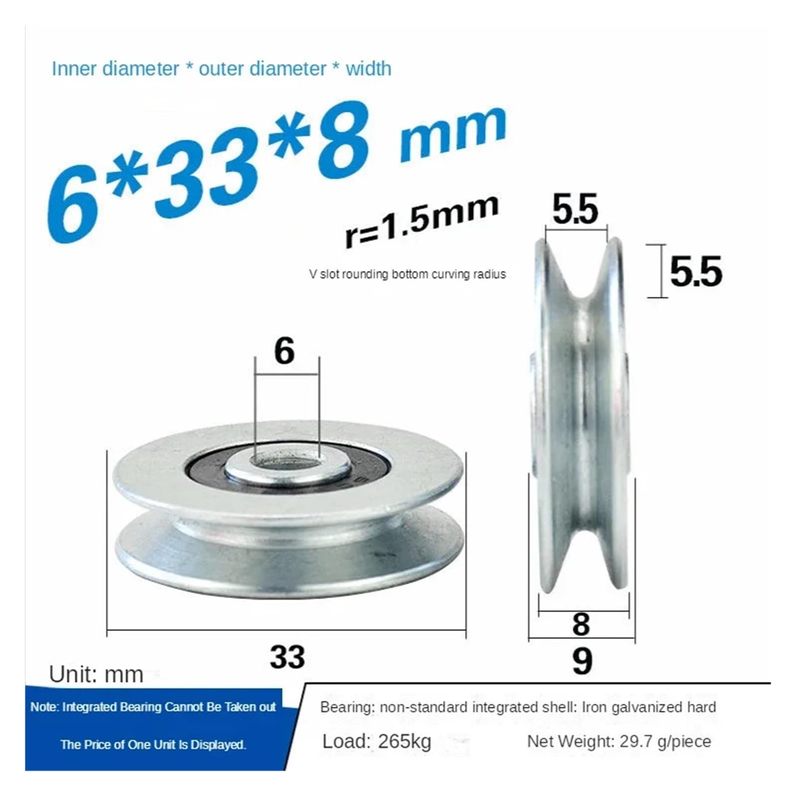 Rolle, Kohlenstoffstahl V-Nut Rolle für Schiebetür Drahtseilführung(Wheel6x33x8mm Silver)