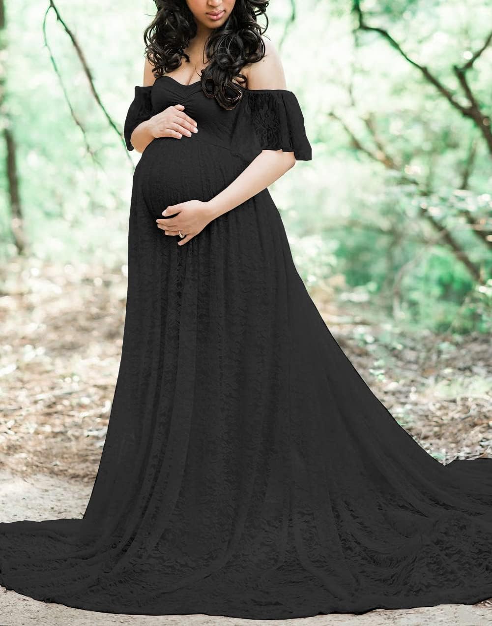 ZIUMUDY Photography Maternity Dress Off Shoulder Lace Baby Shower Pregnant Wedding Dress - Image 3