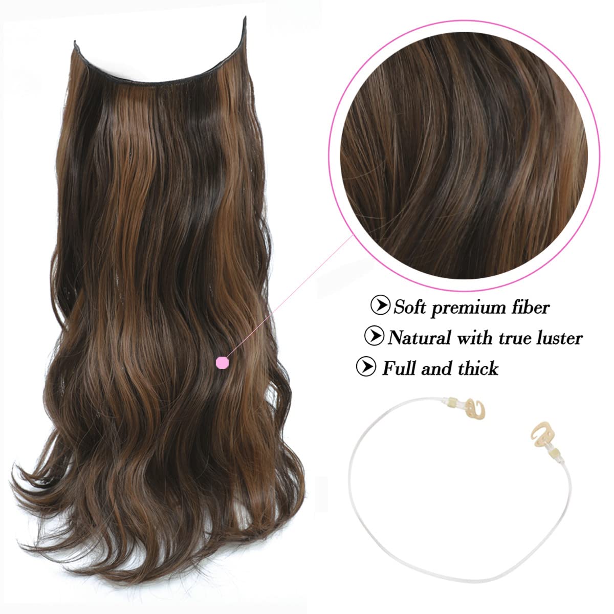 Invisible Hair Extensions 20 inch Wavy Hair Extension Synthetic Hair Pieces for Women Transparent Invisible Secret Wire Hair Extensions (Dark Brown with Auburn Brown Highlights) - Image 3