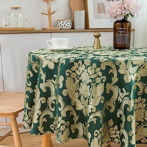 SPRICA Round Jacquard Tablecloth 150cm Classic Flower Pattern Thick Heavy Weight Soft Table Cover, Machine Washable, Golden Green