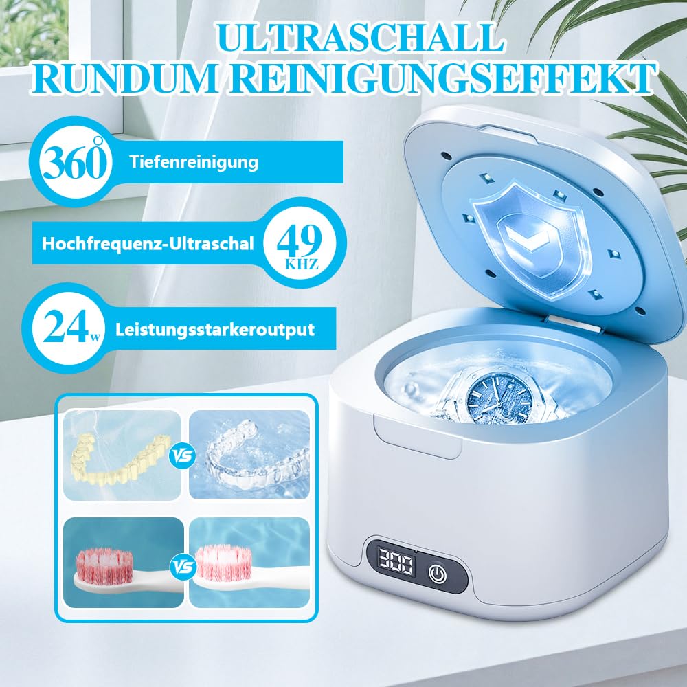 Dispositivo per la pulizia ad ultrasuoni, 50000 Hz, con 6 luci UV e 4 modalità, 340 ml, pulitore ad ultrasuoni, per protesi, per la pulizia a ultrasuoni, per la pulizia a ultrasuoni, per la testa