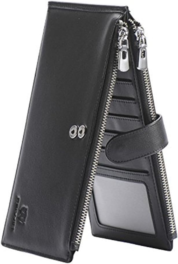 PEIUJIN RFID Blocking Men's Genuine Soft Cow Leather Long Purse Mens Wallet Money Clip Black