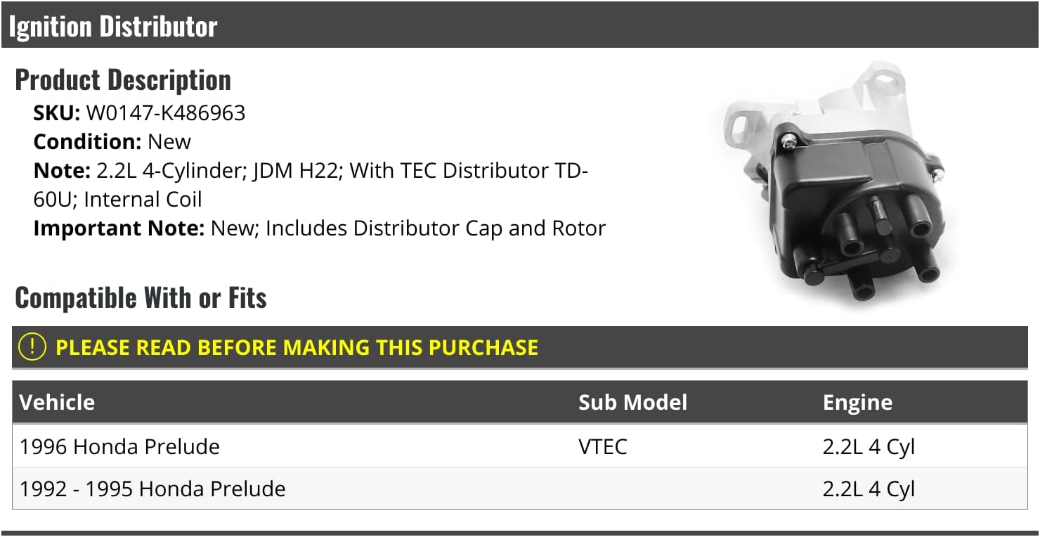 Marketplace Auto Parts - Ignition Distributor with Cap and Rotor - Compatible with 1992-1996 Honda Prelude 2.2L 4-Cylinder JDM H22 with TEC Distributor TD-60U