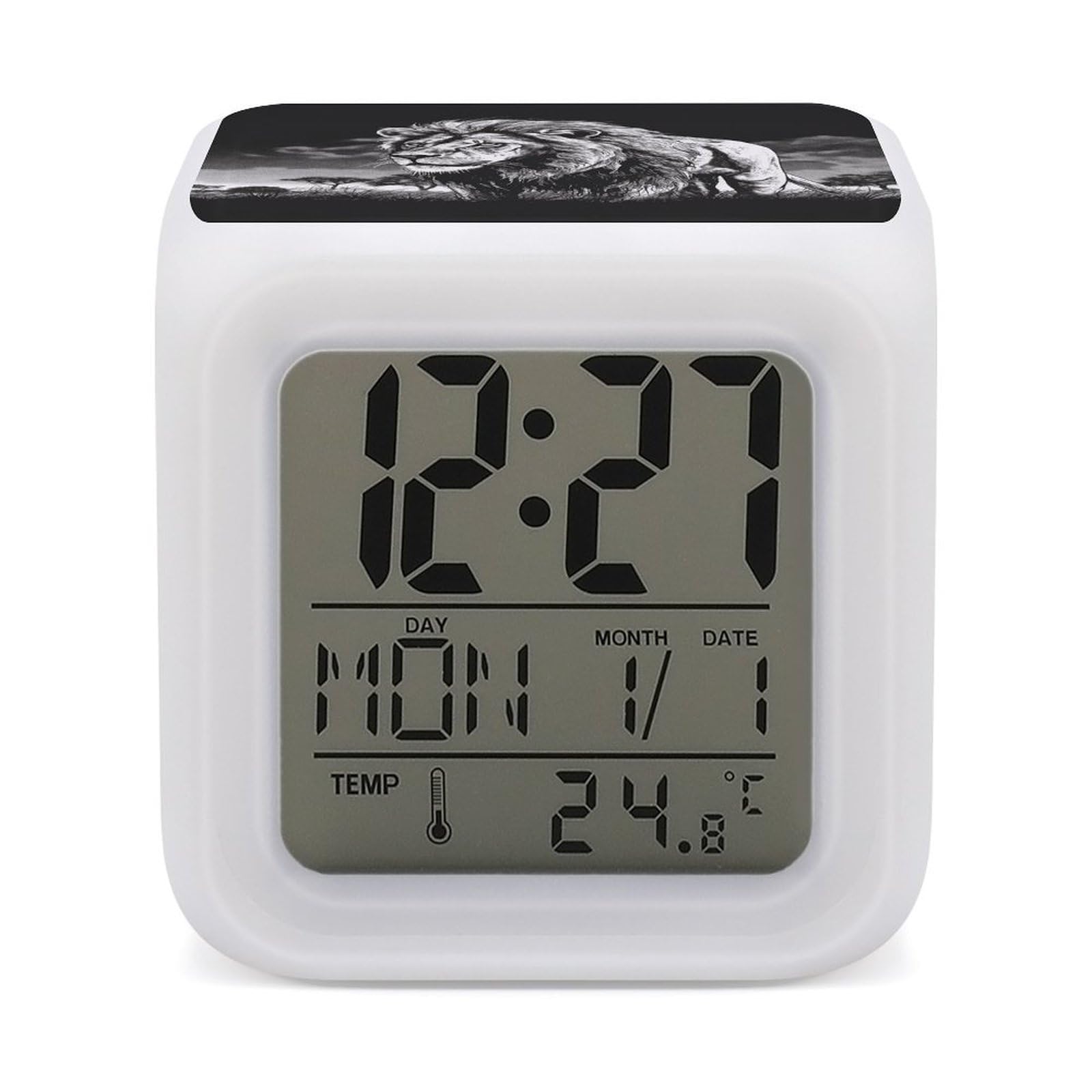 VstaDank Lion Black and White Illustration Alarm Clock Sleep Trainer 7 Color Changing Night Light Modern Touch Bedside Lamp Fashion Digital Clock with Temperature Display Wake Clocks for Loud Alarm