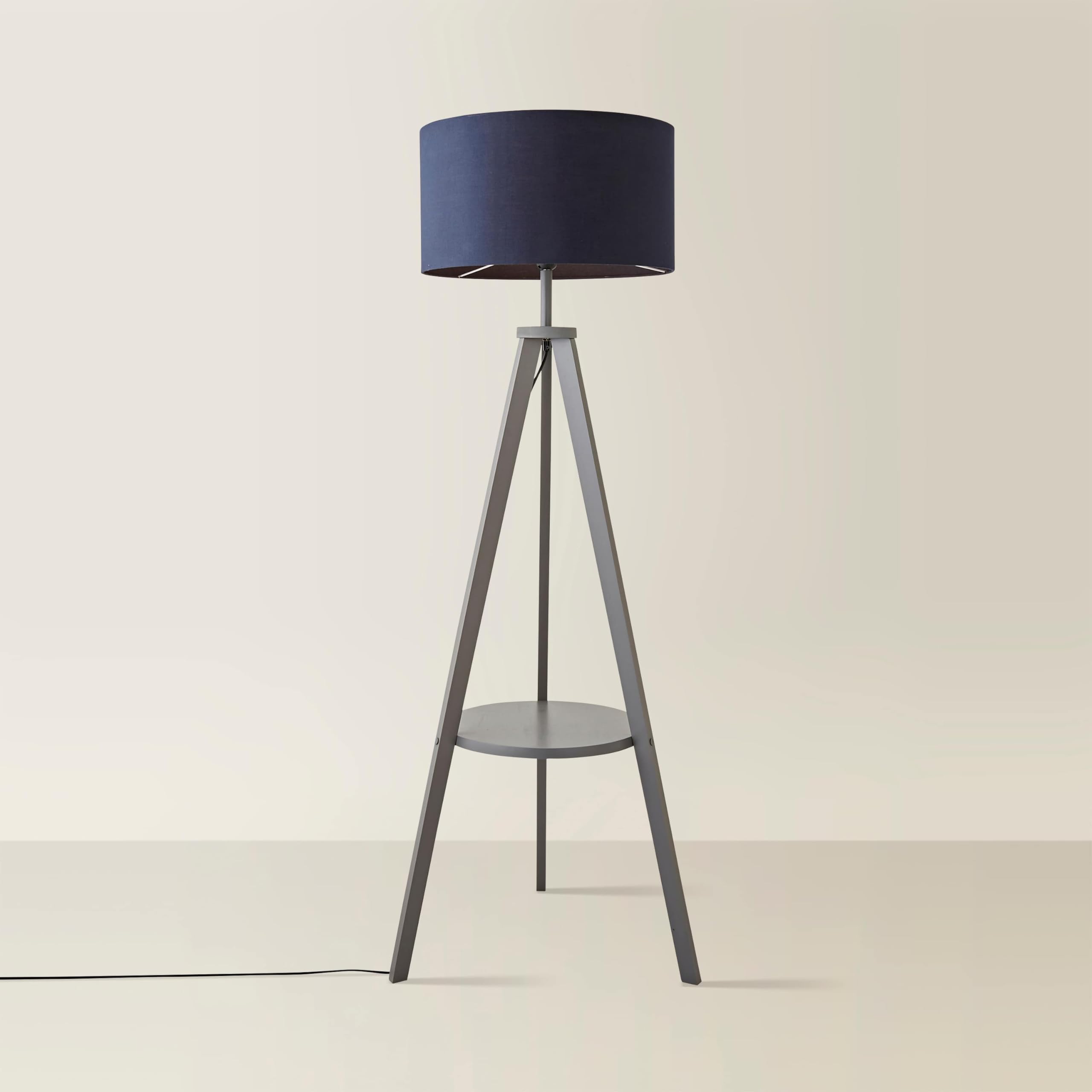 MiniSun | Modern Grey Wood Floor Lamp with Storage Shelf and Navy Blue Drum Shade | Floor Lamps & Torchieres, Home Décor & Improvement Essential