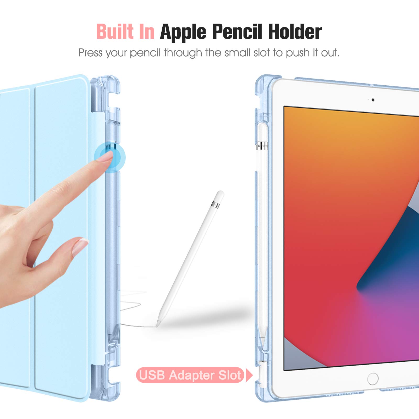 FINTIE Custodia per iPad 10.2 Pollici 9a / 8a / 7a Generazione (2021 2020 2019) con Built-in Pencil Holder - Sottile Leggero Semi-Trasparente Cover Case con Auto Sveglia/Sonno, Cielo Blu