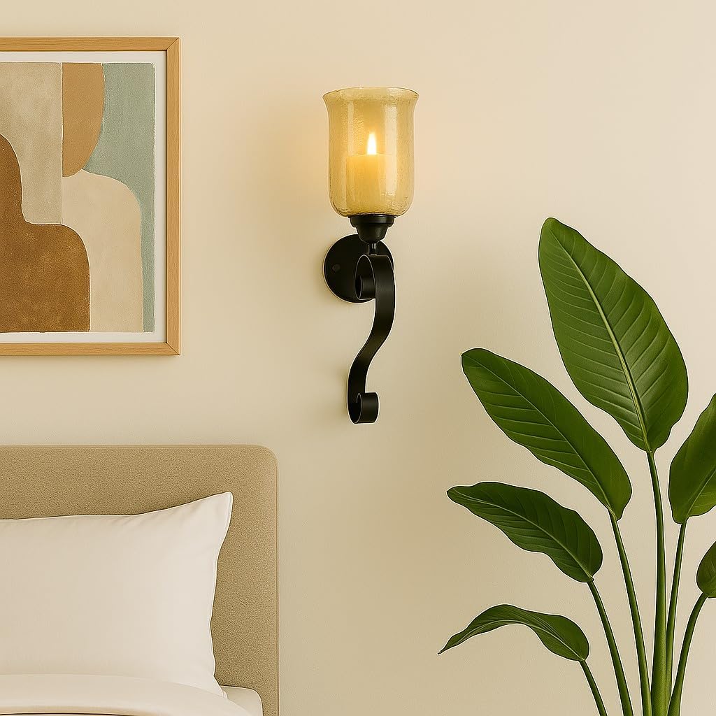 Decorative Wall Sconce, Black Metal Scroll Design, Gold Glass Hurricane, 23" H