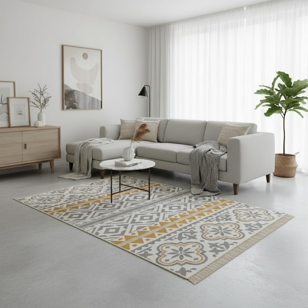Fashion4Home Tappeto a pelo corto, boho Kelim, per soggiorno, camera da letto e cucina, per corridoio, cameretta dei bambini, in ceramica, grigio chiaro, oro, 160 x 230 cm