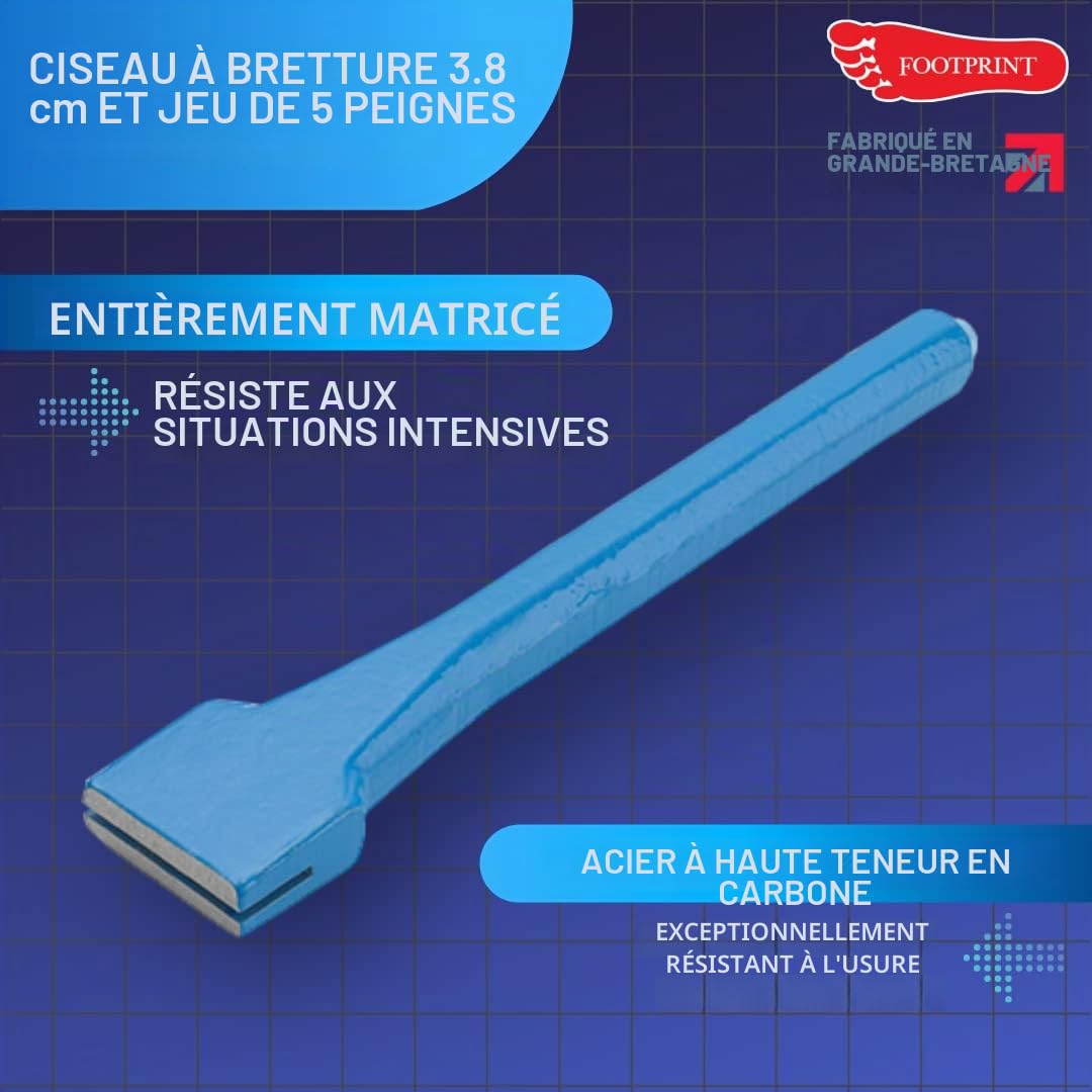 Ensemble burin et peignes 3,8 cm – Empreinte de pied Poignée forgée Résistance supérieure 5 peignes à double extrémité inclus Outils à main essentiels pour maçon ou maçon de pierre