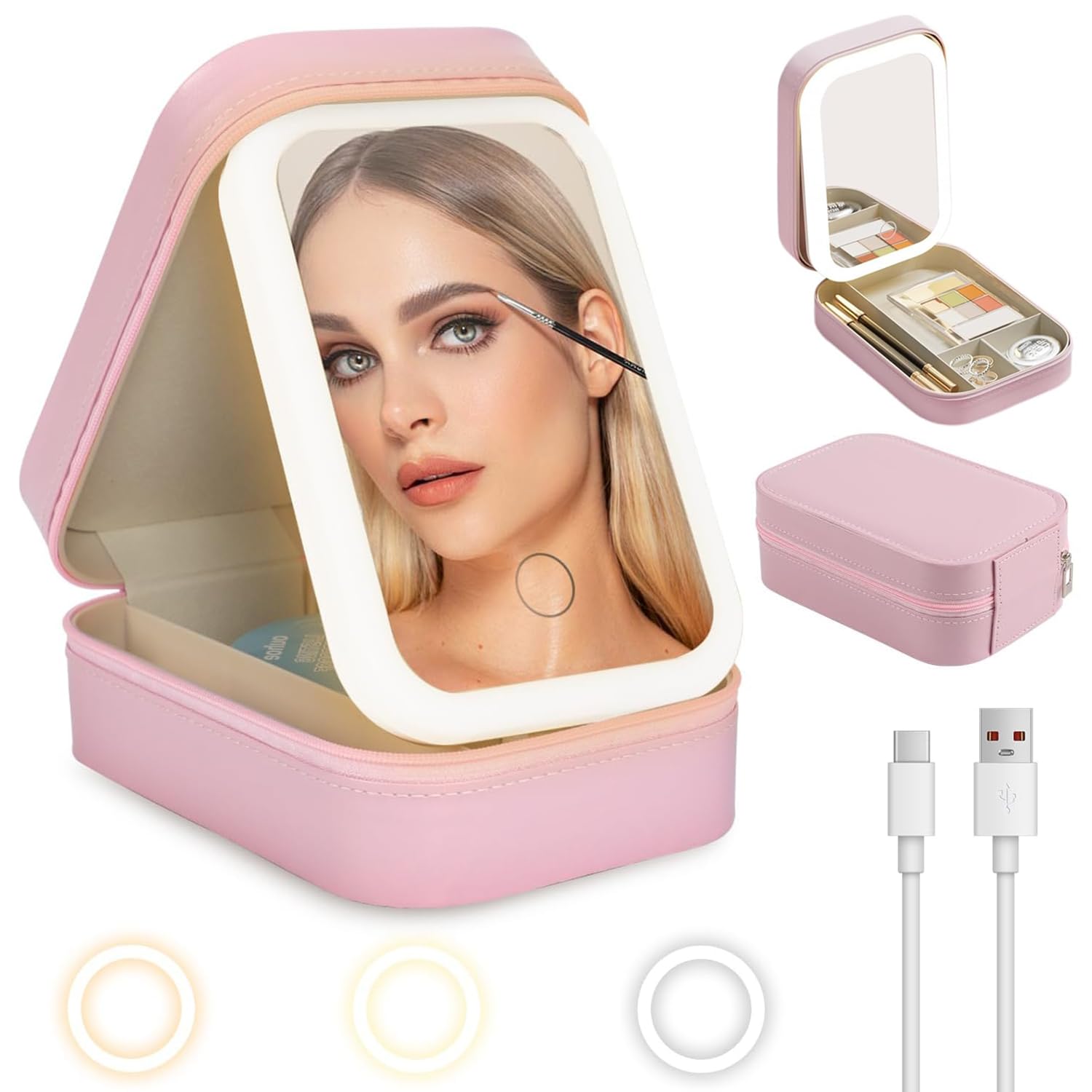 Angju Travel Makeup Jewelry Case with LED Mirror, Small Makeup Bag with Lighted Mirror, Three-Color Adjustable Makeup Mirror Storage Box, Portable Organizer Vanity Case for Women Beauty Tools