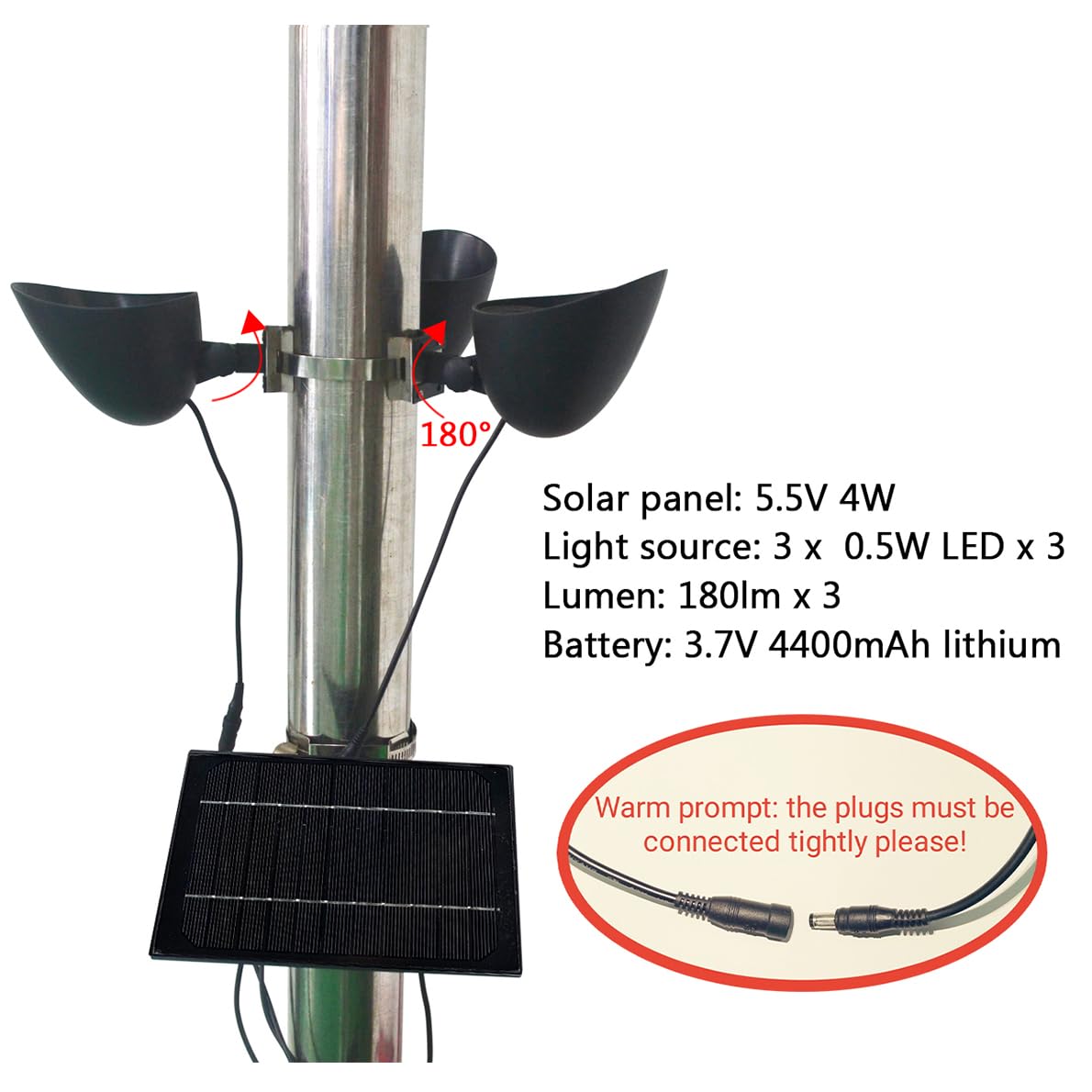 Flag Pole Light Solar Powered 3 Super-Spotlights LEDs 4400mA battery Adjustable Metal Clamps Fits 2-6''Flag Poles Coverage-Light Up American Flag Outdoor with Solar FlagPole Light from Dusk to Dawn