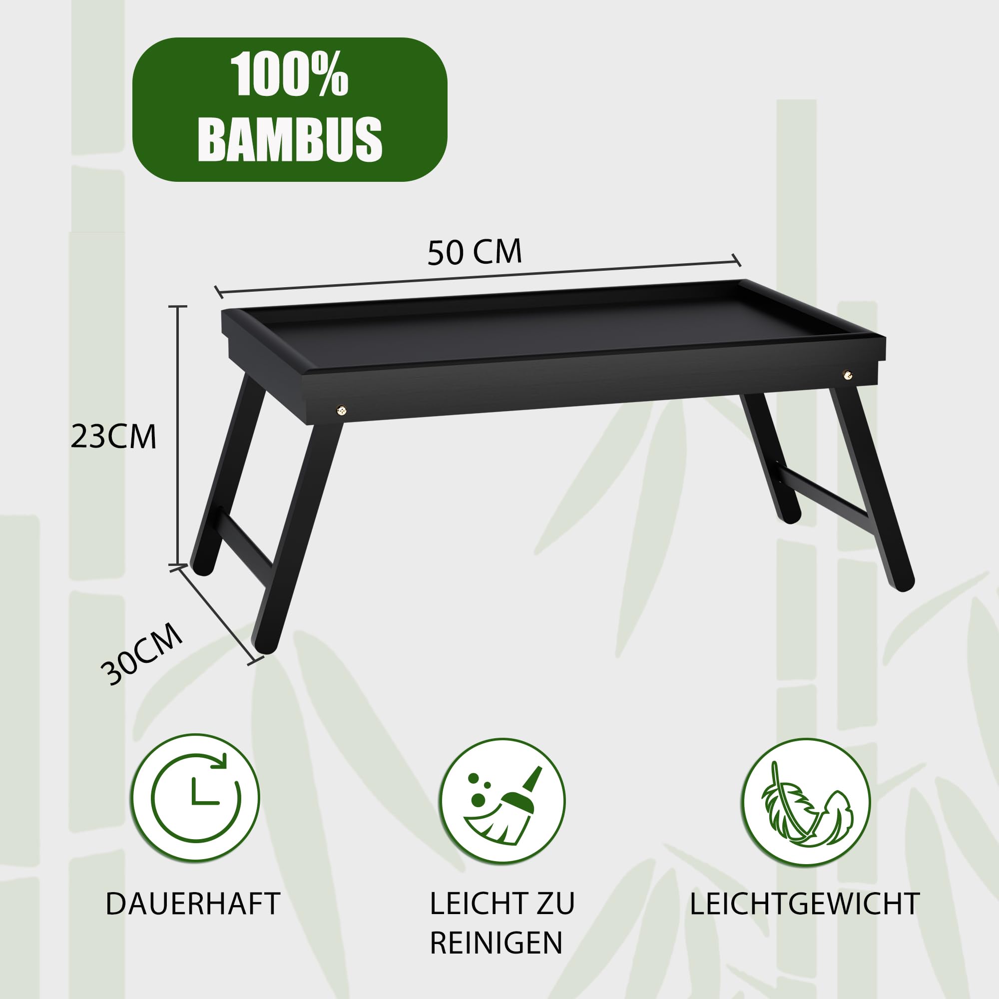 Frühstückstablett Bambus Betttisch Klappbar Betttablett Essenstablett mit Fuß Tabletttisch Bed Table Klapptisch Bett Tablett Tisch Tablett (50 * 30 * 23 cm, Schwarz)