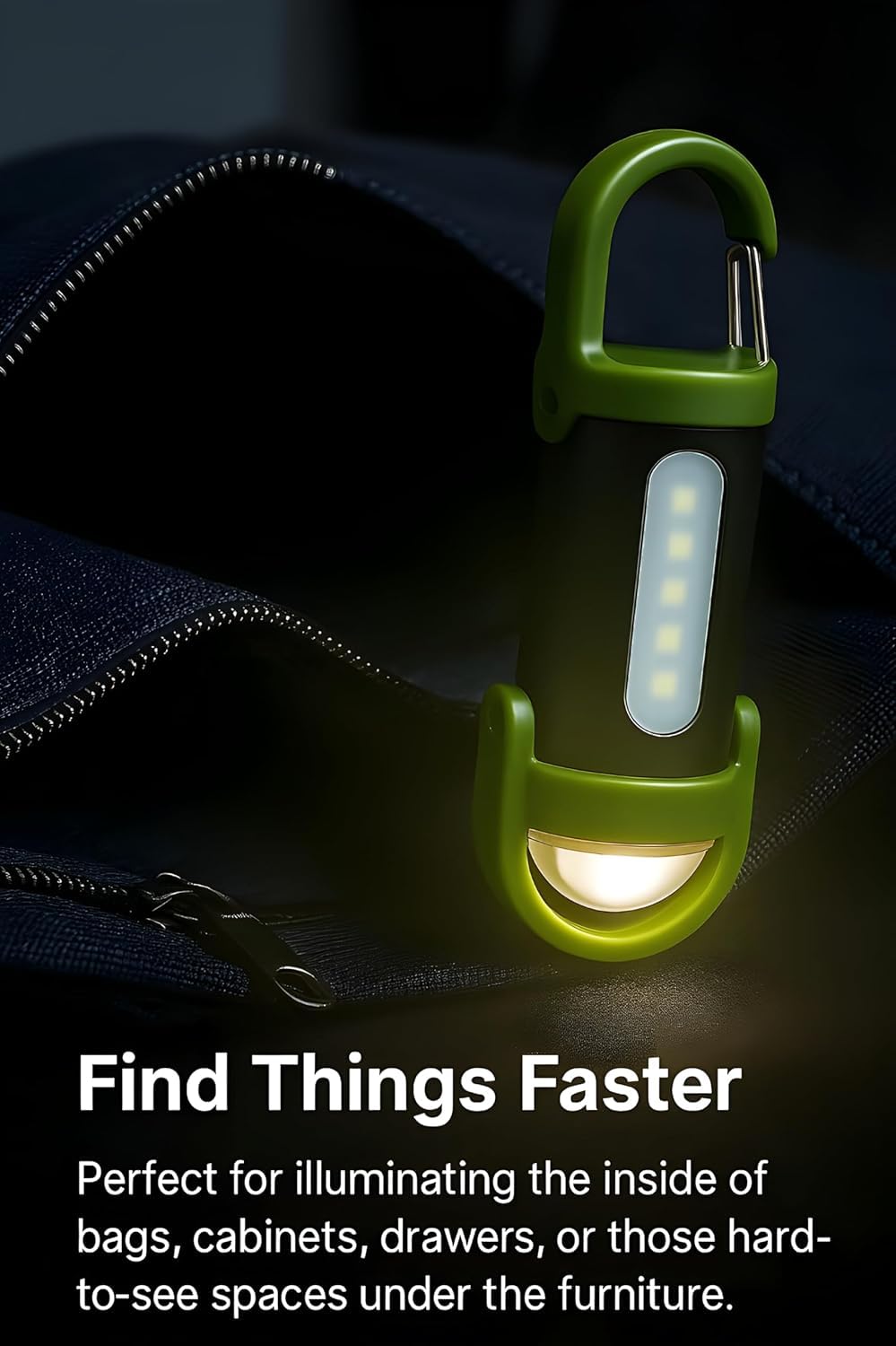 KEMLOZE Mini LED Flashlight with Carabiner Clip | Rechargeable Magnetic Work Light with Side COB Lamp | Waterproof Pocket Torch for Camping, Hiking, Travel & Emergency β Green-Black 3