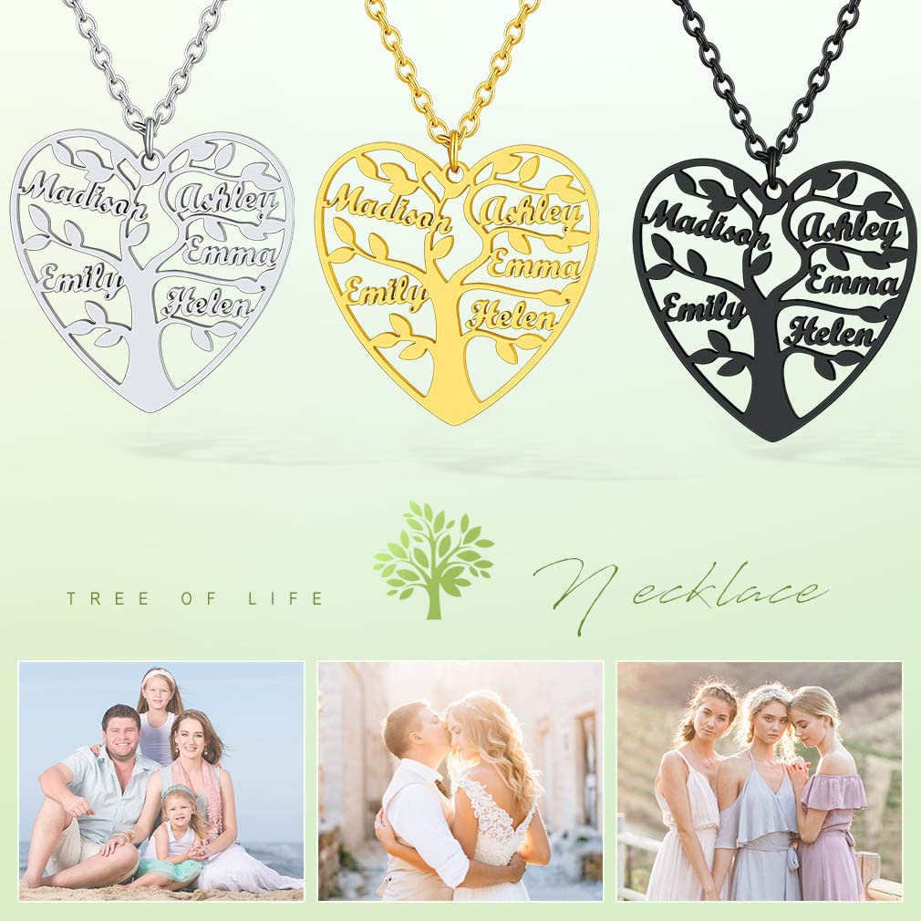 Custom4U Collana Cuore con Nome Personalizzat 1/2/3/4/5/6/7/8 Nome Collana Acciaio 50+5 CM Alta Qualità Famiglia Nome Traforate Albero della Vita Portafortuna BFF Regalo Creativo