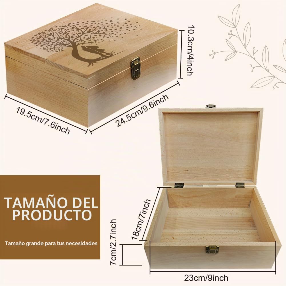 Arricraft Caja de recuerdo de madera para recuerdos, caja de árbol con tapa con cierre de tapa para guardar fotos, cartas, bodas, San Valentín, 7.6 x 9.6 x 4 pulgadas (19.5 x 24.5 x 10.3 cm)