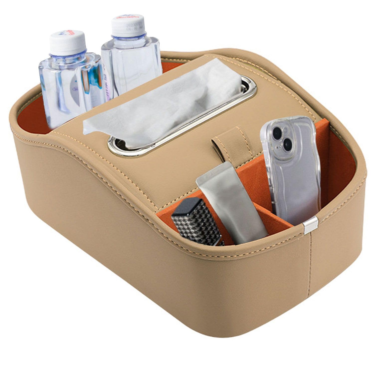 OUTEK Car Storage Organizer Car Trunk Organizer Between Seats with 4 Storage Compartments, Front Seat Organizer with Tissue Box, Car Center Console Organizer Back Seat (Cream color)