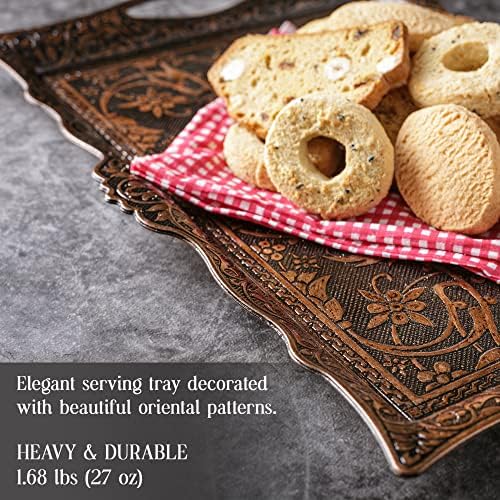 CRYSTALIA Fancy Ottoman Serving Trays, Premium Metal Turkish Trays for Beverage Serving, Vintage Ottoman Rectangular Tray with Handles, Decorative Turkish Tea Coffee, Dessert Table