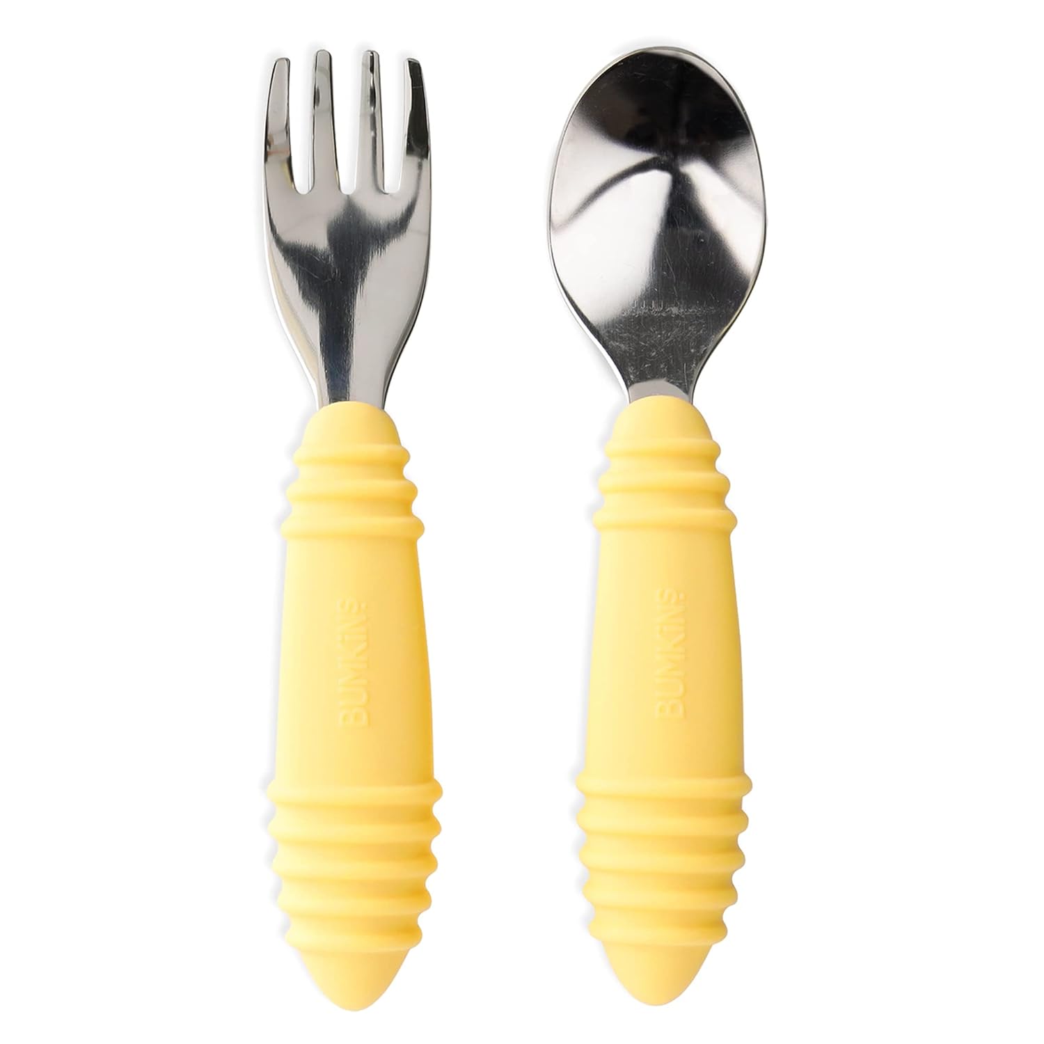 Bumkins Toddler Utensils, Kids Size Fork and Spoon Set, Silicone and Stainless-Steel Training Silverware, Angled Fork / Spork for Self-Feeding, Children Learning to Eat, 18 Mos Up, Pineapple Yellow (Baby, F5 Pineapple-SFT) Thumbnail