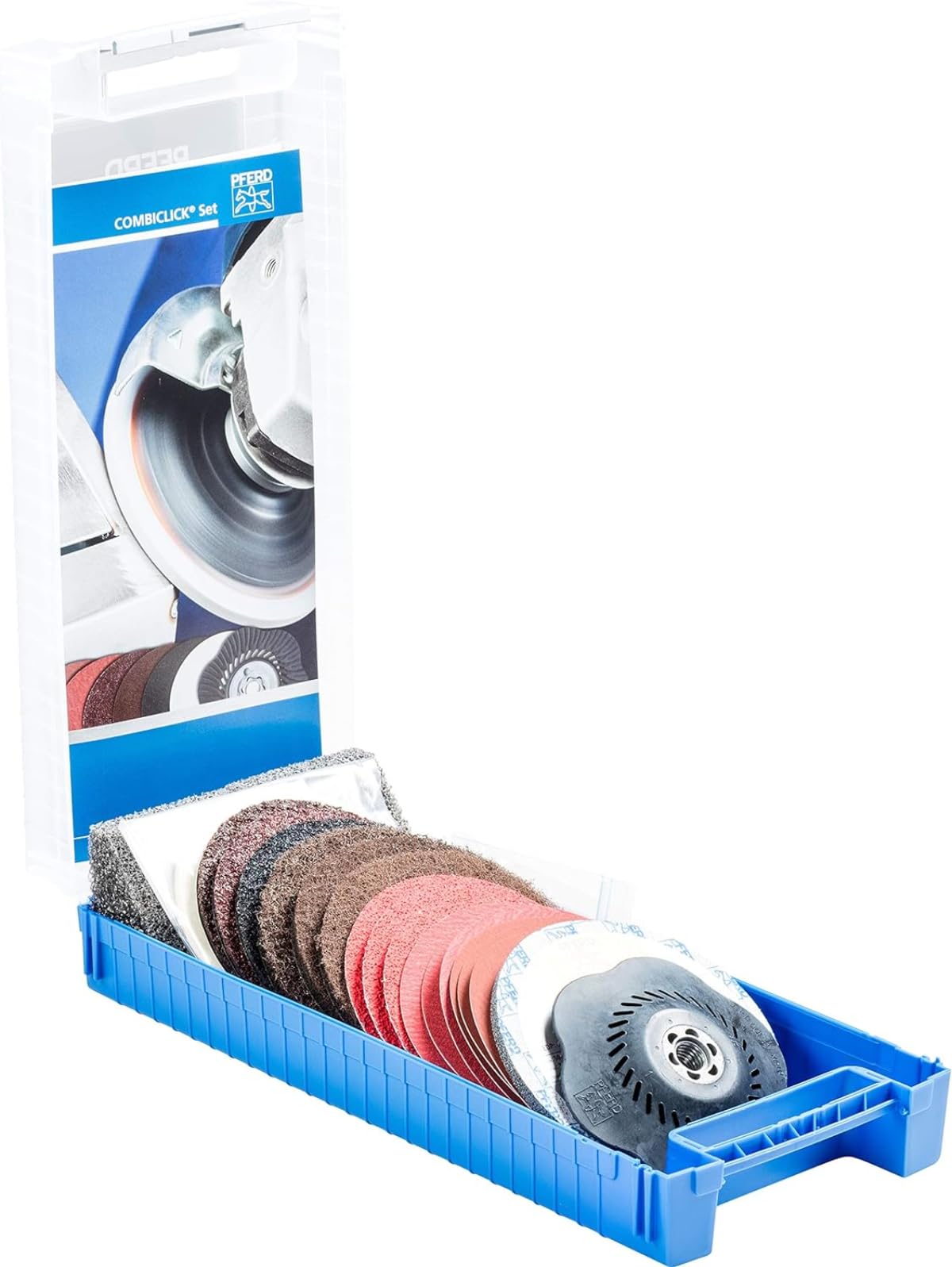 PFERD TOOLS COMBICLICK-Set, 19-teilig, Fiberschleifer, Filz- und Vlieswerkzeuge, Außen-ø 125 mm, Gewinde M14, inkl. Stützteller, 49350072 – für die Oberflächenbearbeitung von grob bis spiegelpoliert