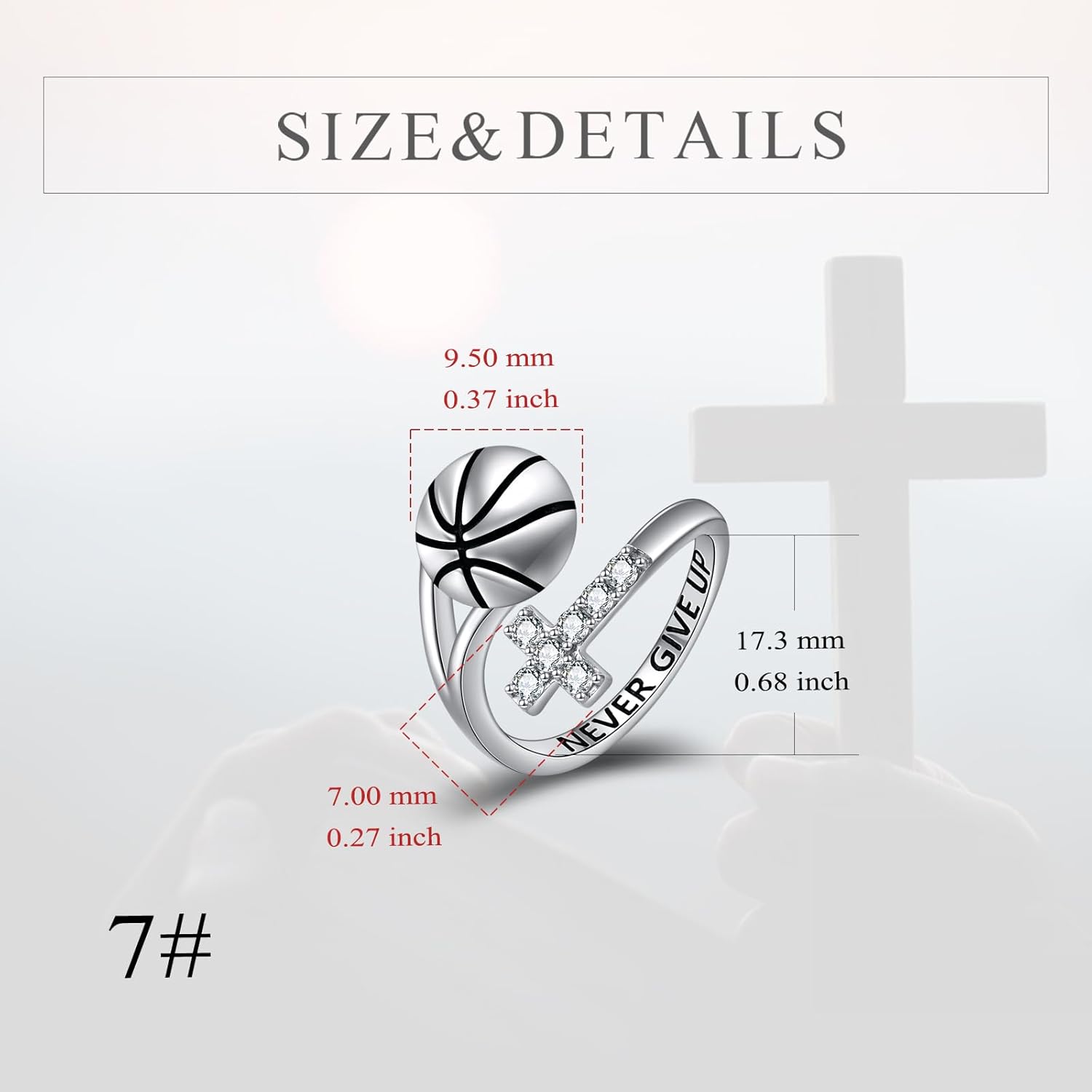 YFN Sport Ring Sterling Silver Cross Adustable Ring Never Give Up Jewelry Gifts for Women
