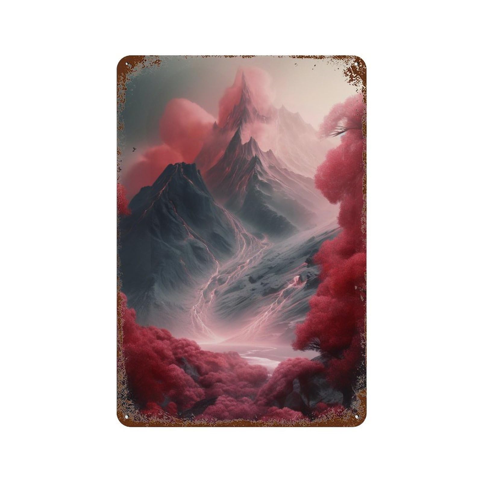 Red Mountains Fantasy Landscape Weathered Tin Sign 11.8"x7.9", Rustic Home Decor for Garage, Pub Or Kitchen