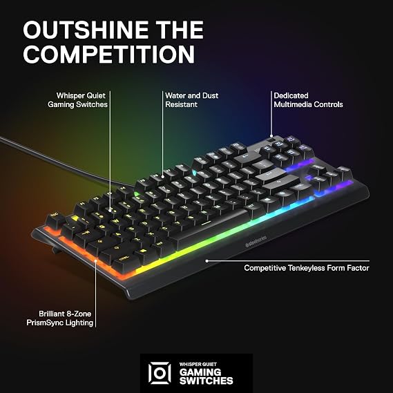 SteelSeries Apex 3 TKL - Gaming Keyboard - Tenkeyless Compact Form Factor - Silent Gaming Keyboard - 8-Zone RGB Illumination - IP32 Water & Dust Resistant - Nordic QWERTY Layout , Black