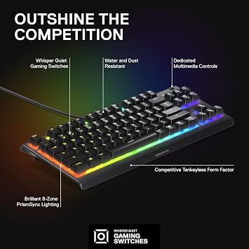 SteelSeries Apex 3 TKL - Gaming Keyboard - Tenkeyless Compact Form Factor - Silent Gaming Keyboard - 8-Zone RGB Illumination - IP32 Water & Dust Resistant - Nordic QWERTY Layout , Black