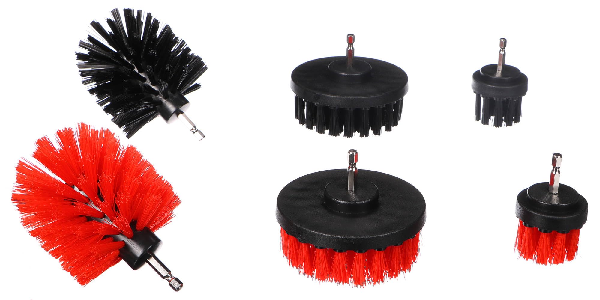 SIXTOL CAR DETAILING DRILL BRUSH 6 | 6pcs Set of Drill Brushes | Wheel/Tire Cleaning | Engine Cleaning | Interior/Exterior | Red, Black