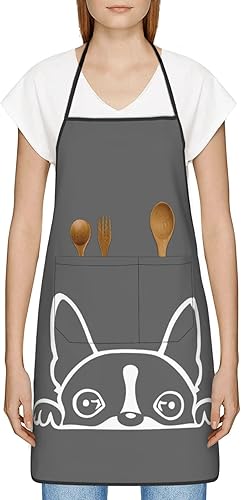 Miniatura 7 de Lindo Boston Terrier Peeking Delantal Unisex Cocina Artesanía Cocinar Dibujo Pinafore Con Bolsillos Babero, Blanco