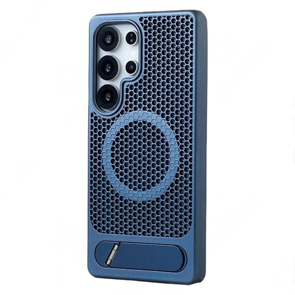 Etui chłodzące z siatki plastra miodu do Samsunga Galaxy S25 Plus S24 Ultra, ze stopu, z uchwytem na obiektyw, ładowaniem bezprzewodowym, twarde, matowe, niebieskie, do Samsunga S25