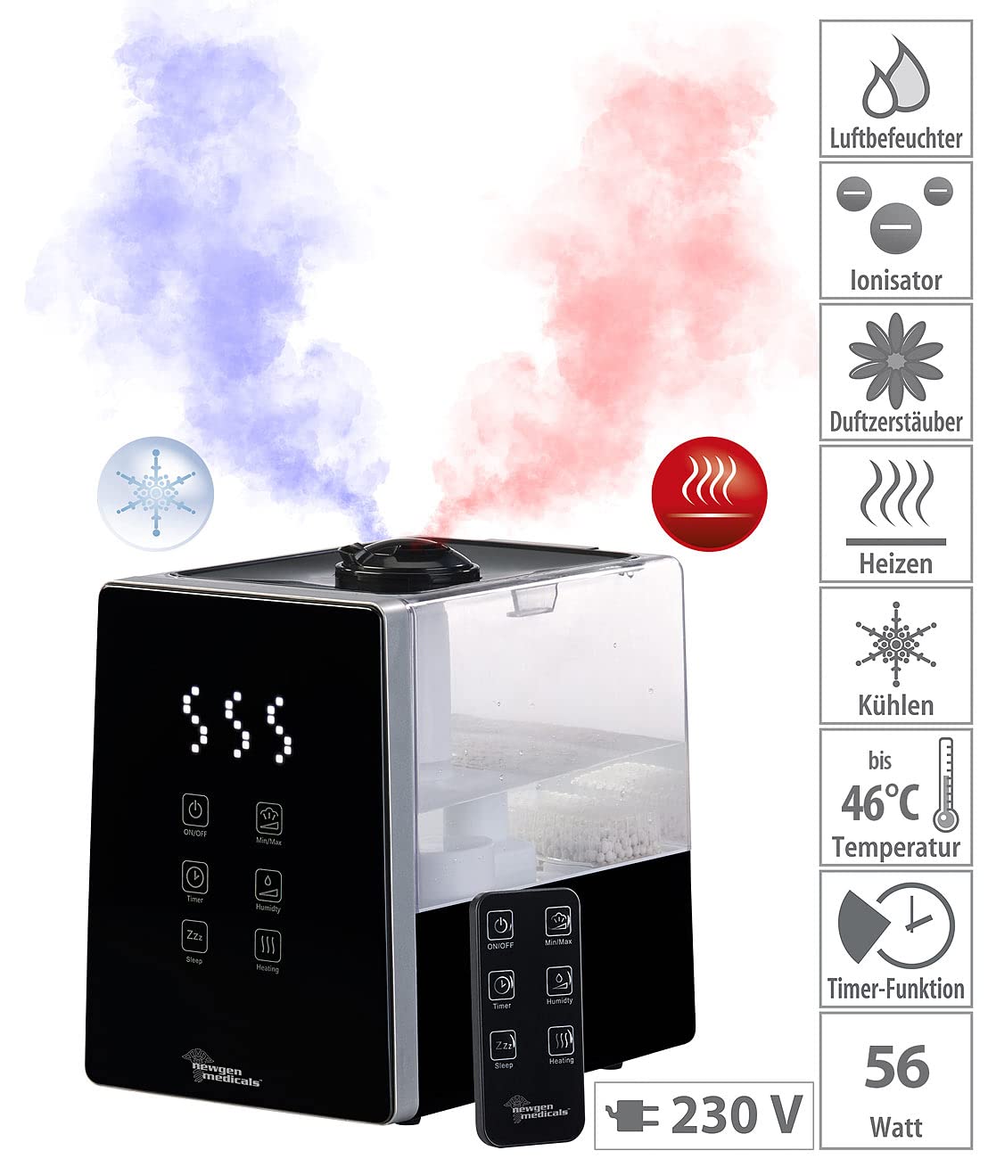 Humidificador ultrasónico digital LBF-610 con niebla fría/caliente, temporizador, ionizador y depósito de 6 L