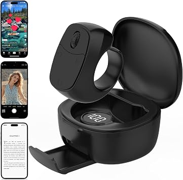 ELZO Tiktok Scrolling Ring Remote ControlNew Upgrade Bluetooth Camera Video Scrolling Ring Remote Control,Page Turner for Kindle App, with Charging Case, LED Display, Stand Function Black
