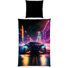 Herding Neon Car Bed Linen, Pillowcase Approx. 80 x 80 cm, Duvet Cover Approx. 135 x 200 cm, with Smooth Zip, 100% Polyester/Microfibre