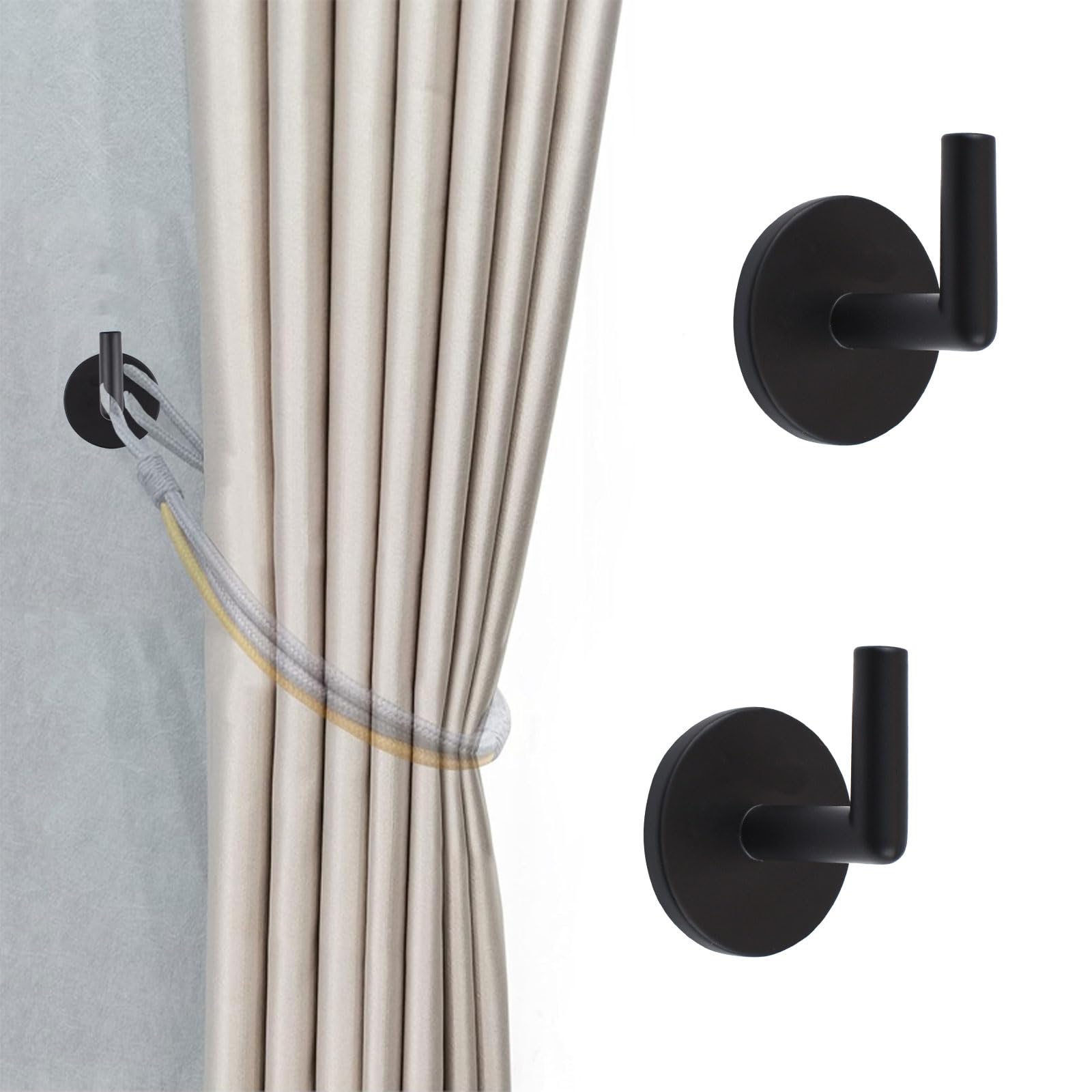 INCREWAY Curtain Holdbacks, 2PCS Self Adhesive Wall Mounted Drapery Tieback Holders Non-Trace Stick Metal Wall Hook Storage Holder Curtain Hooks Hanger for Home Decor, Black — image 1