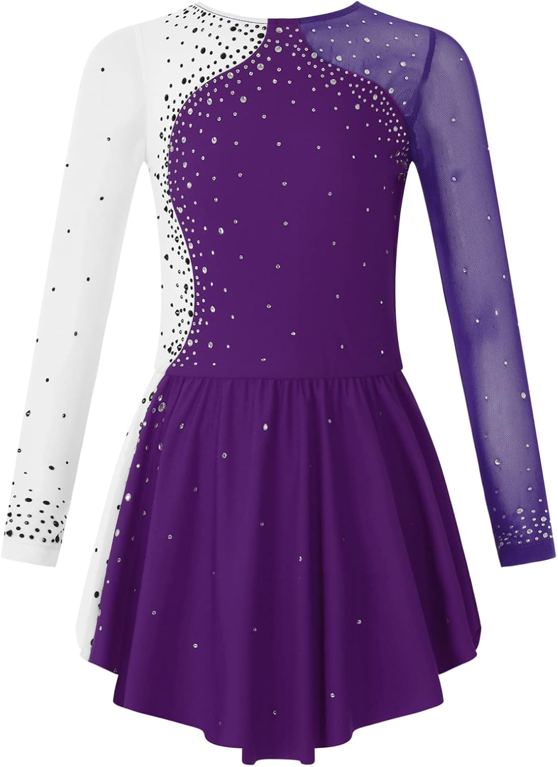 Agoky Kid Girls Shiny Figure Ice Skating Dress Long Sleeve Gymnastic Leotard Dress Roller Skater Ballet Dance Dress Dancewear