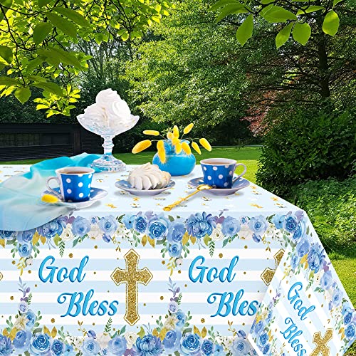 Image of 6 Packs Blue Baby Boy Baptism Party Tablecloths Decorations Flower Theme Disposable Plastic Waterproof Rectangle God Bless Table Cover for boy Baby First Communion Party Favor Supplies