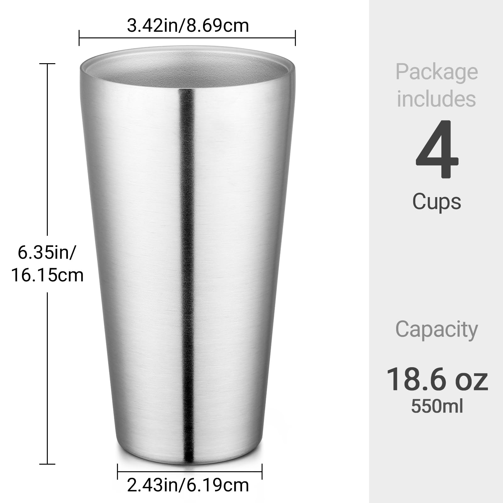 Beasea Edelstahlbecher, 550 ml, stapelbar, doppelwandig, isoliert, Metall, Pint-Gläser, für Zuhause, Party, Camping, 4 Stück