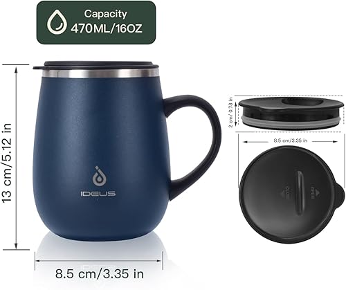 Miniatura 3 de IDEUS Taza de café aislada de 16 onzas con asa y tapas a prueba de derrames taza de café para el hogar y la oficina azul marino