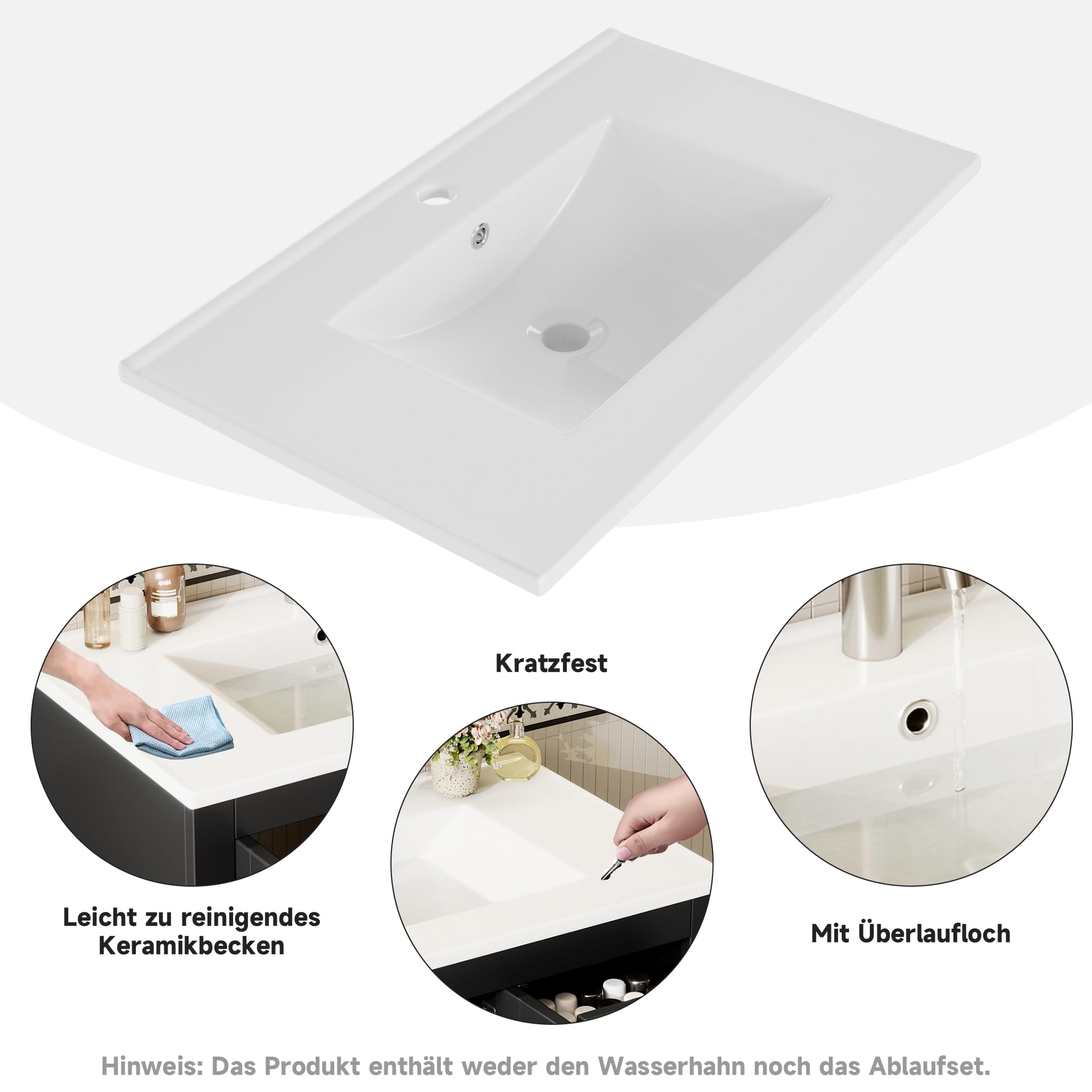 Merax Badezimmerschrank mit Waschbecken, komplett lackiert, DREI leise Schubladen + Doppeltüren, Soft-Close Scharniere für große Familien, Waschtisch, freistehend, Schwarz/76x46.5x85.5cm