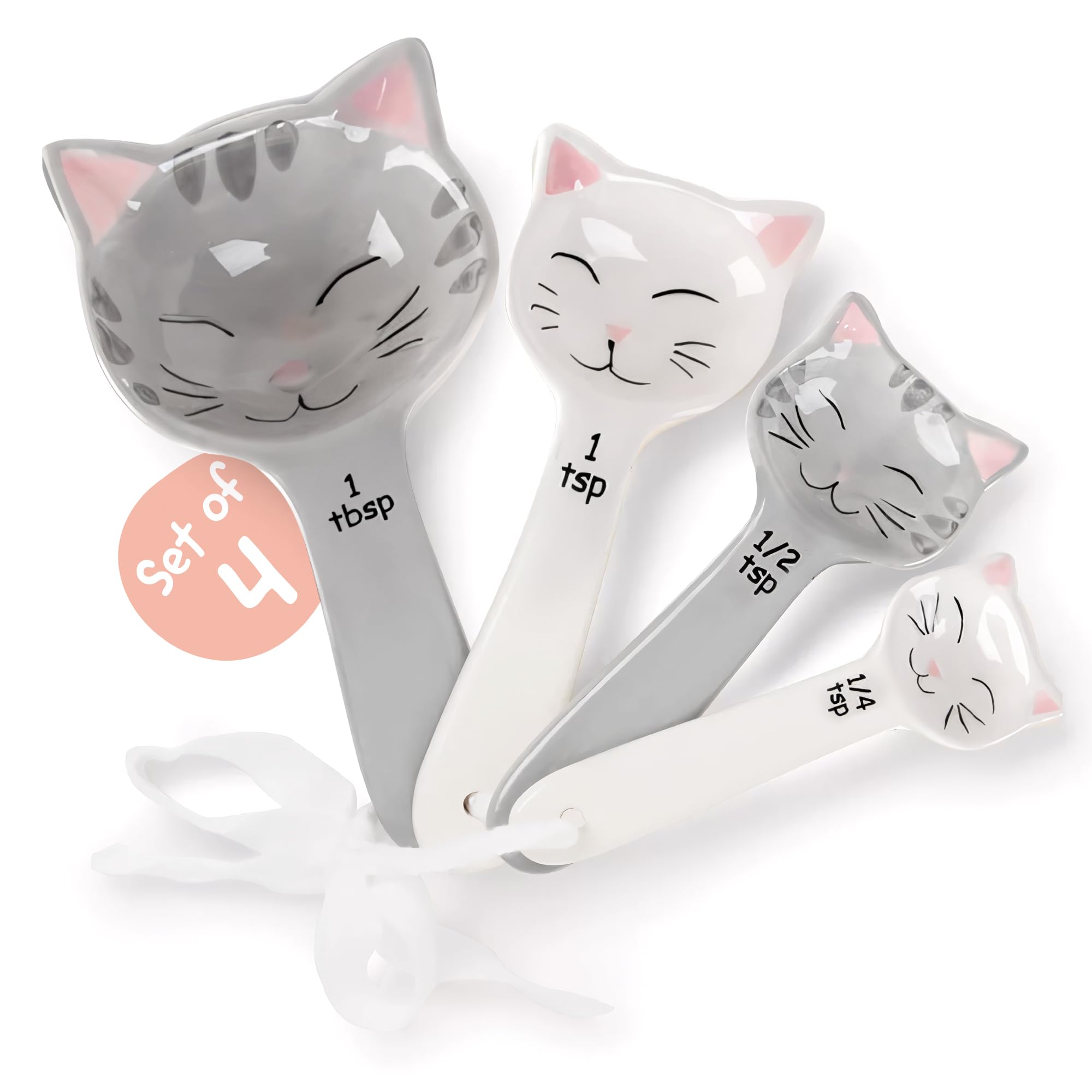 Cat Shaped Ceramic Measuring Spoons - Gift for Any Cat Lover - Cat Ceramic Measuring Spoons Baking Tool - Creative Functional Kitchen Decor - Comes in White and Gray - Set of 4