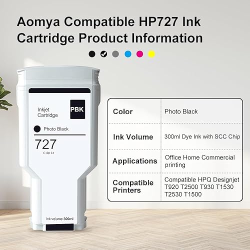 Miniatura 2 de Aomya Compatible HP 727 Photo Black 10.1 fl oz Cartucho de tinta de tinte para impresoras HP DesignJet T920 T930 T1500 T1530 T2500 T2530