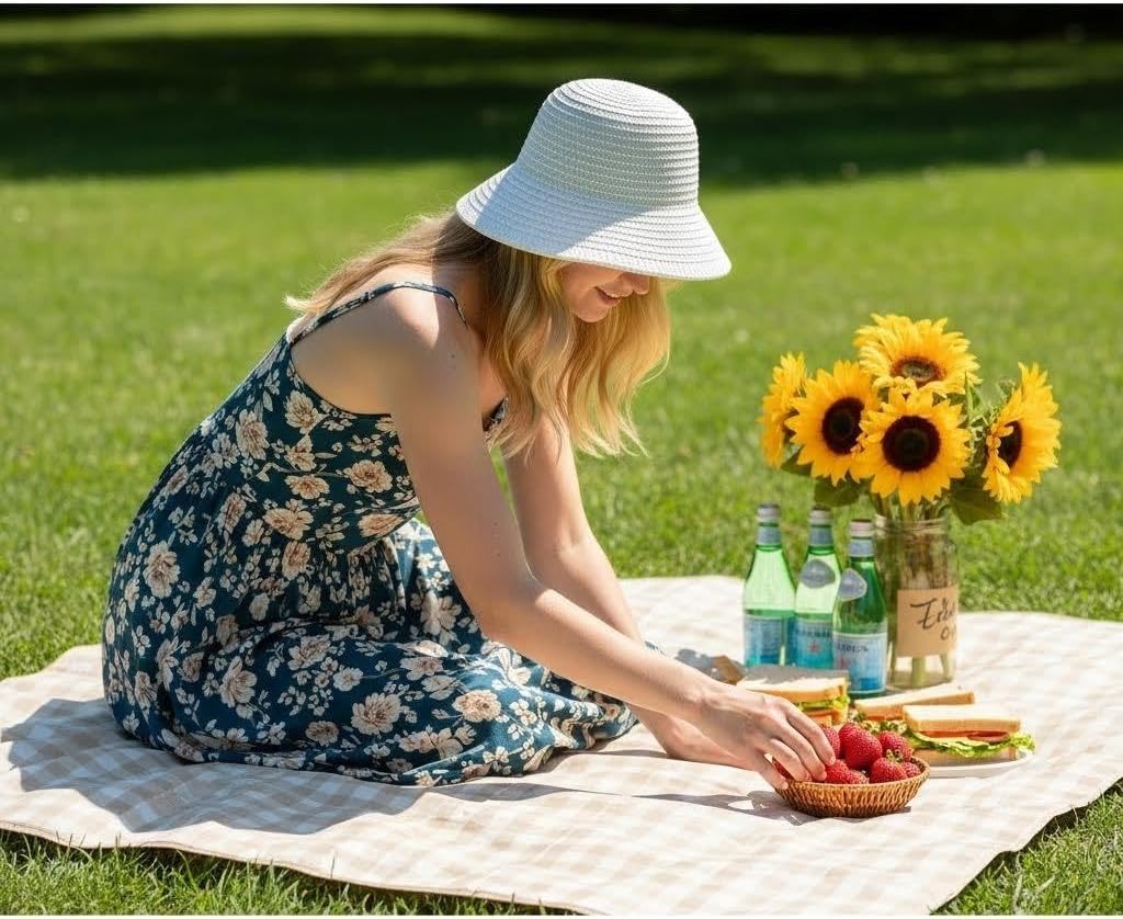 Womens Straw Bucket Sun Hat with Wide Brim – Soft Foldable Floppy Beach Hat for Summer