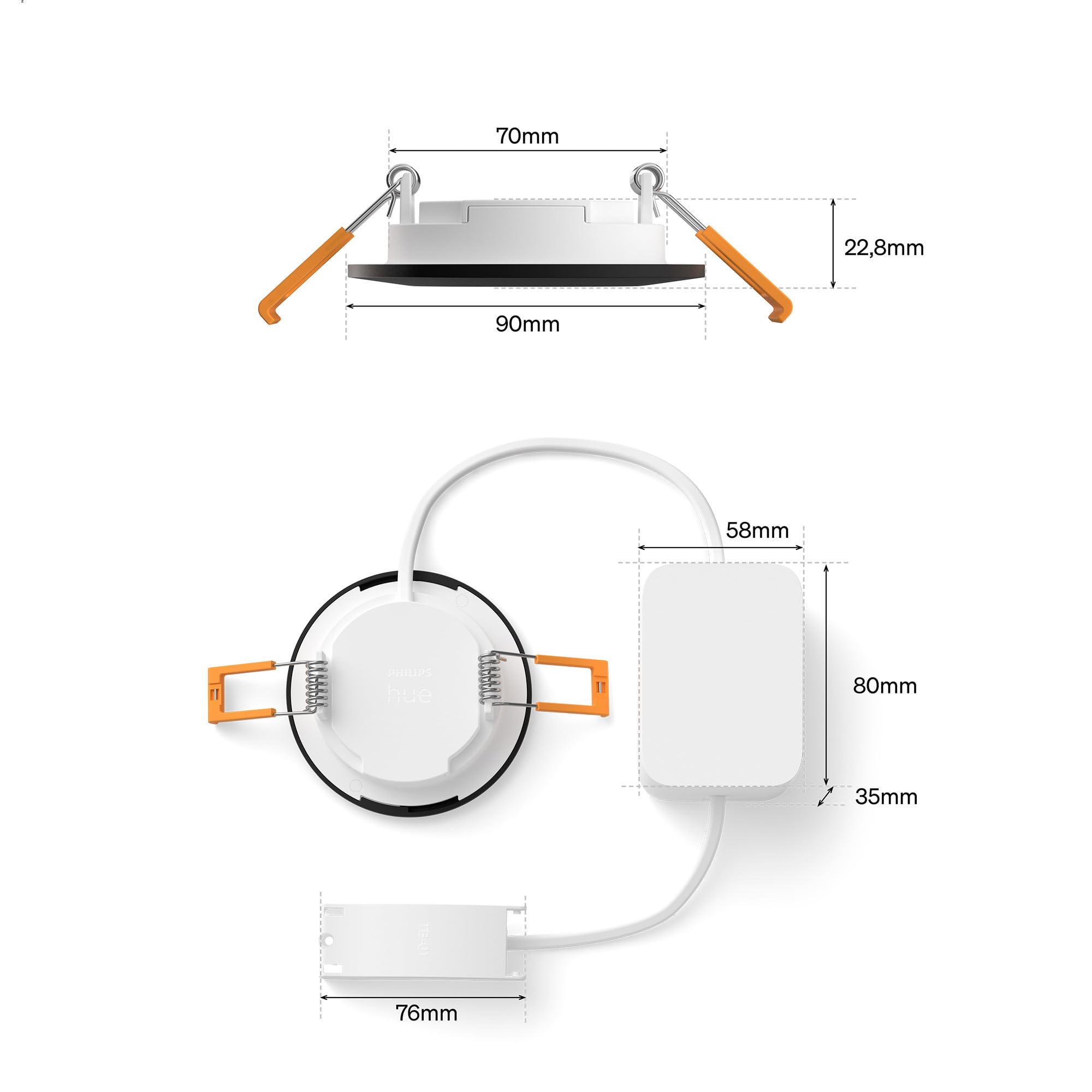 Philips Hue Slim Downlight, Smarte LED-Beleuchtung, 1.000 lm, 90 mm, Schlankes Design, Vollspektrum-Tagesl. 1.000–20.000 K, Extrem Stufenlos Dimmbar, Präzise Farbe, Smart Lighting, Schwarz, 1er-Pack