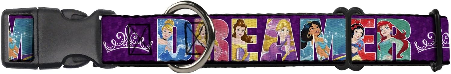 Buckle-Down Martingale Dog Collar - Disney DREAMER 7-Sparkling Princesses/Tiara Purple/White - 1.5" Wide - Fits 18-32" Neck Size - Large