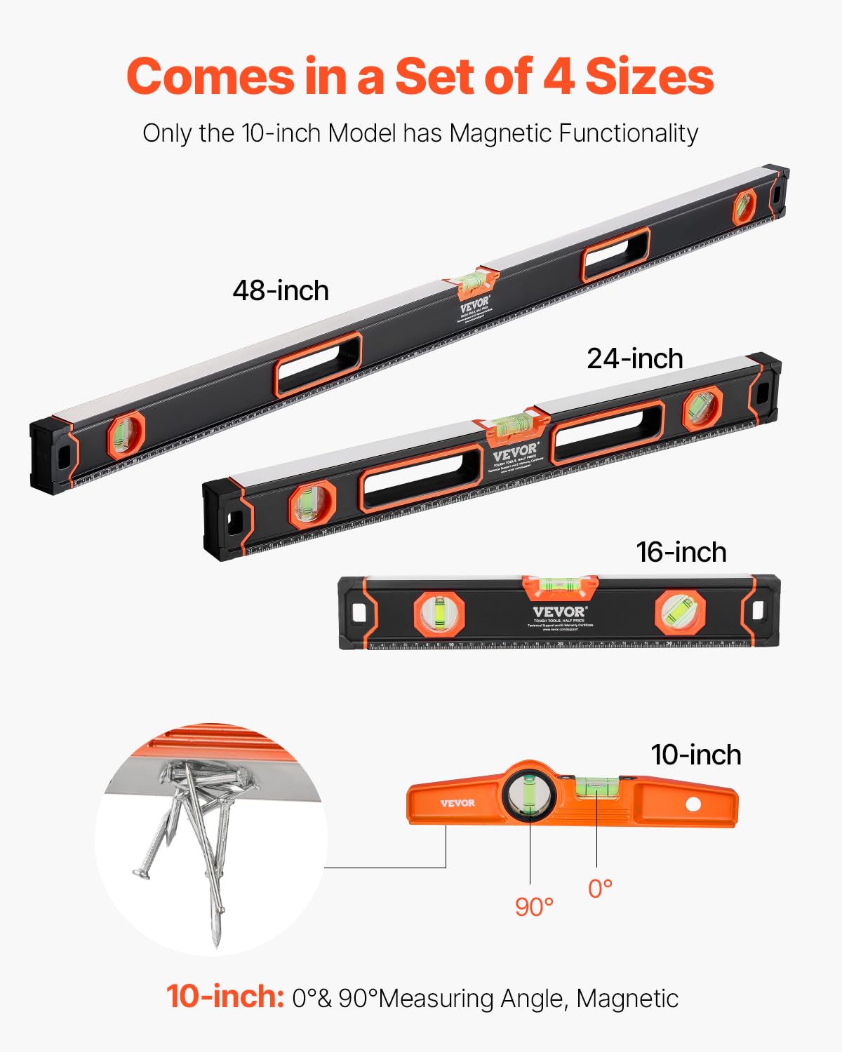 VEVOR 4-Piece Torpedo Level, 48/24/16/10 Inch Box Levels Set, Fluorescent Light Up Bubble Vials Ruler for 45/90/180 Degree, Aluminum Alloy Magnetic Leveler Tool, Shock-Proof(Only 10-inch has magnetic)