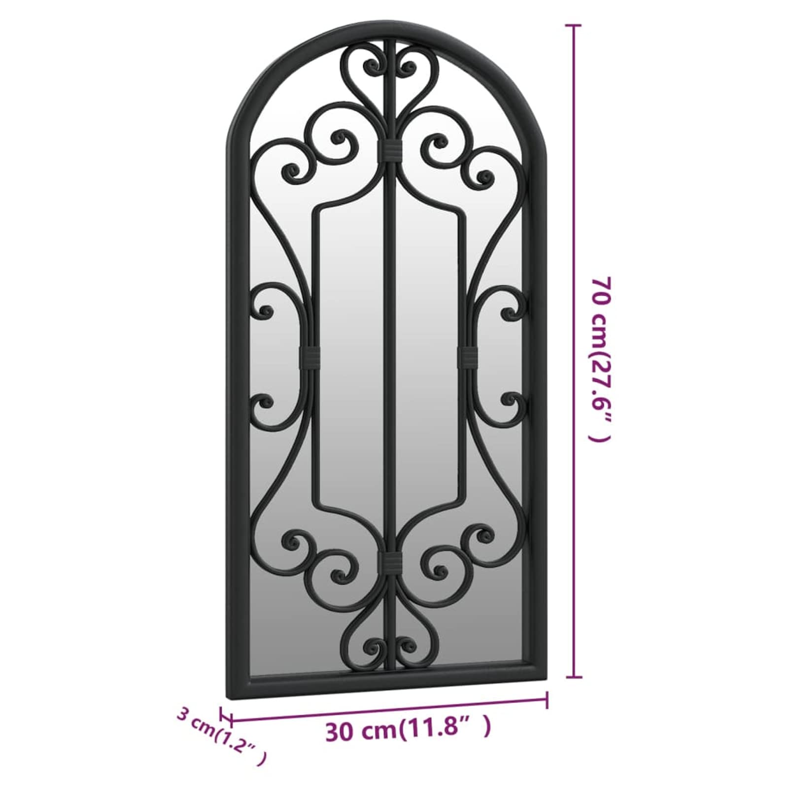 Homgoday Miroir de jardin en fer noir pour usage extérieur 70 x 30 cm Miroir décoratif mural Miroir de fenêtre en métal pour salon chambre entrée style moderne